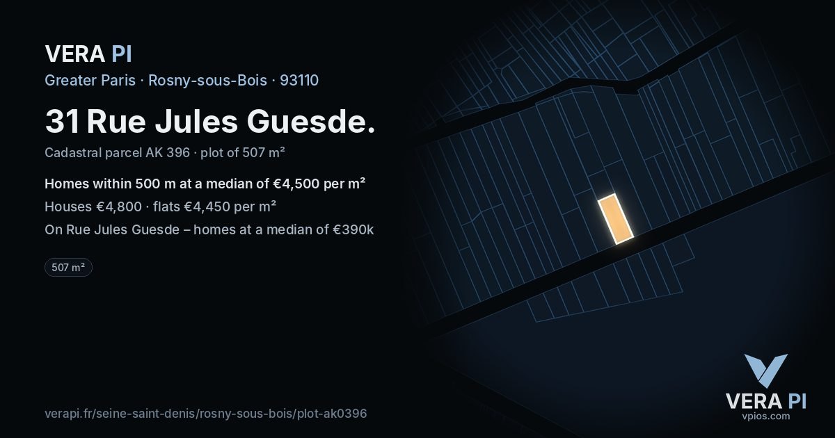 31 Rue Jules Guesde, Rosny-sous-Bois at night – the plot lit, the parcels around coloured by the prices near them