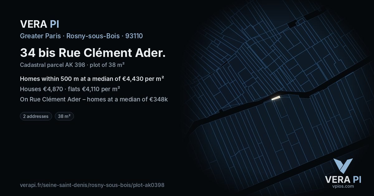 34 bis Rue Clément Ader, Rosny-sous-Bois at night – the plot lit, the parcels around coloured by the prices near them