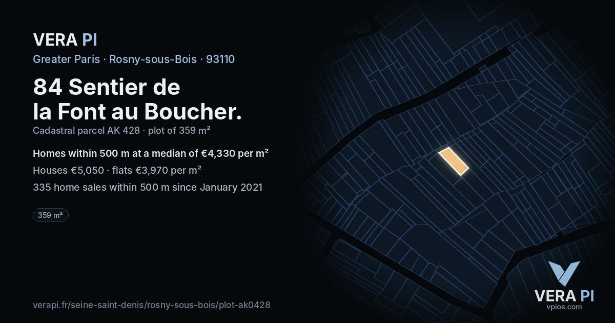 84 Sentier de la Font au Boucher, Rosny-sous-Bois at night – the plot lit, the parcels around coloured by the prices near them