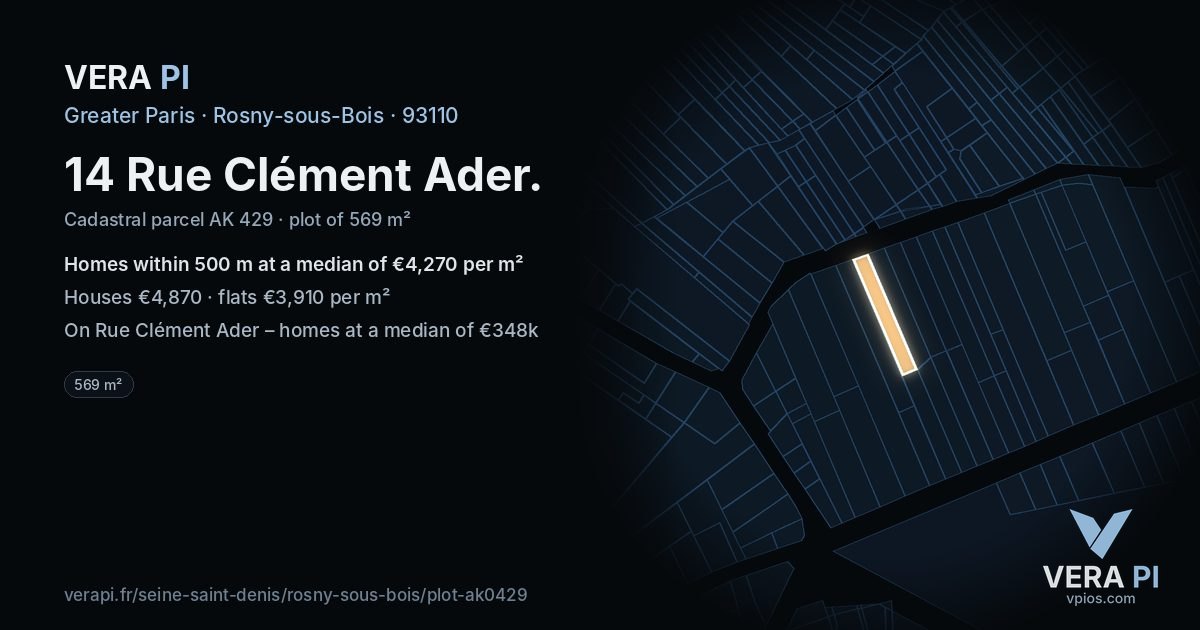 14 Rue Clément Ader, Rosny-sous-Bois at night – the plot lit, the parcels around coloured by the prices near them