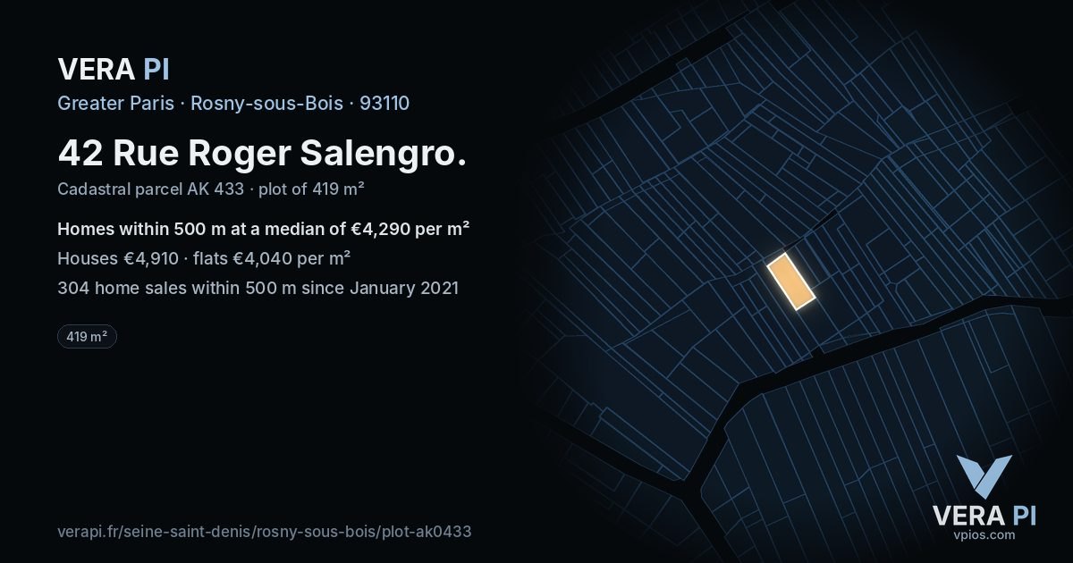 42 Rue Roger Salengro, Rosny-sous-Bois at night – the plot lit, the parcels around coloured by the prices near them