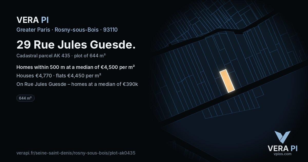 29 Rue Jules Guesde, Rosny-sous-Bois at night – the plot lit, the parcels around coloured by the prices near them