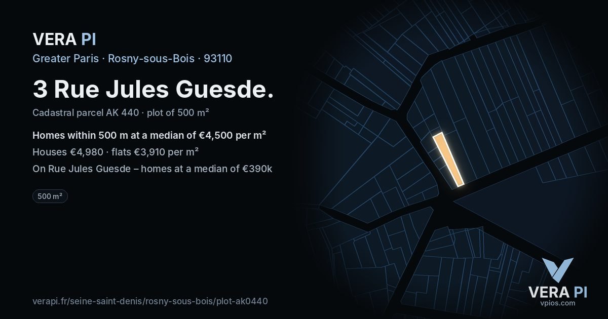 3 Rue Jules Guesde, Rosny-sous-Bois at night – the plot lit, the parcels around coloured by the prices near them