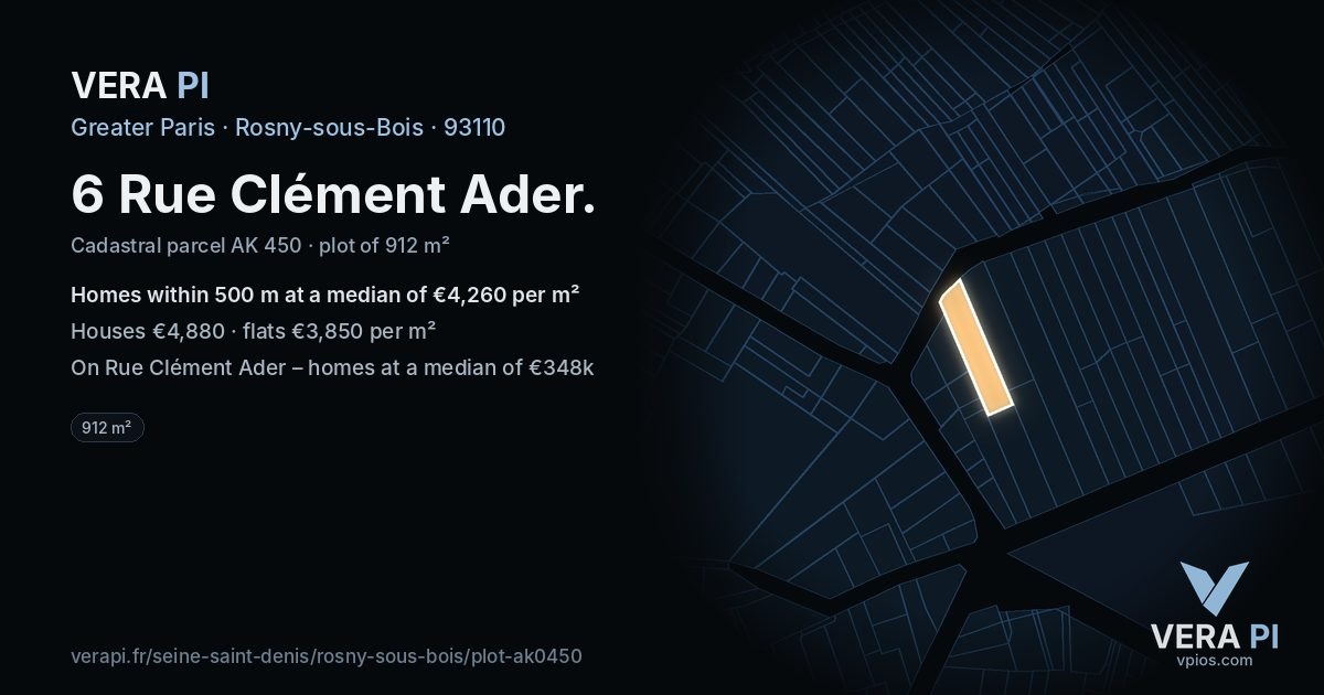 6 Rue Clément Ader, Rosny-sous-Bois at night – the plot lit, the parcels around coloured by the prices near them