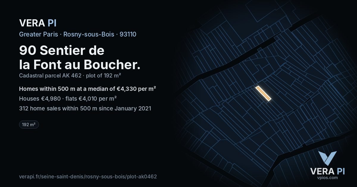 90 Sentier de la Font au Boucher, Rosny-sous-Bois at night – the plot lit, the parcels around coloured by the prices near them