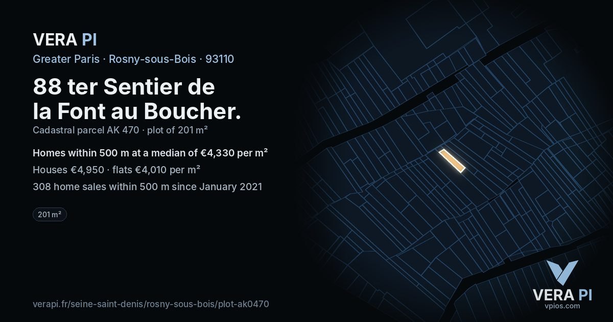 88 ter Sentier de la Font au Boucher, Rosny-sous-Bois at night – the plot lit, the parcels around coloured by the prices near them