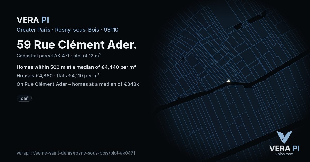 59 Rue Clément Ader, Rosny-sous-Bois at night – the plot lit, the parcels around coloured by the prices near them
