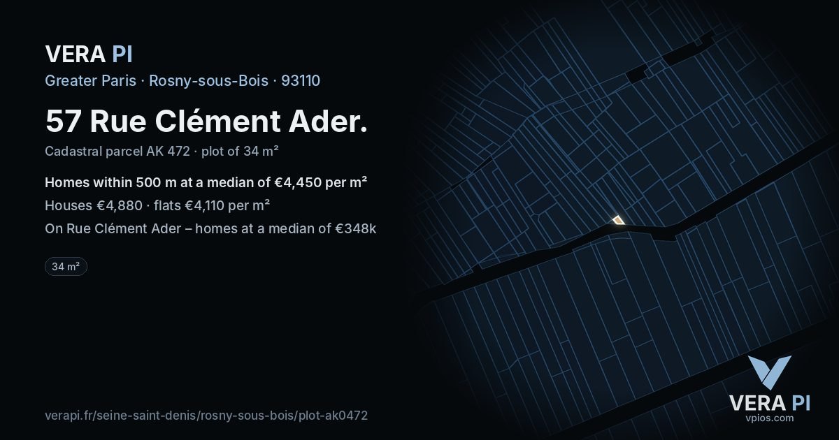 57 Rue Clément Ader, Rosny-sous-Bois at night – the plot lit, the parcels around coloured by the prices near them