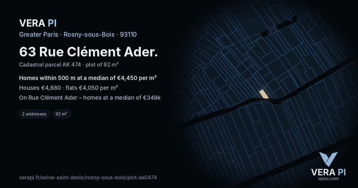 63 Rue Clément Ader, Rosny-sous-Bois at night – the plot lit, the parcels around coloured by the prices near them