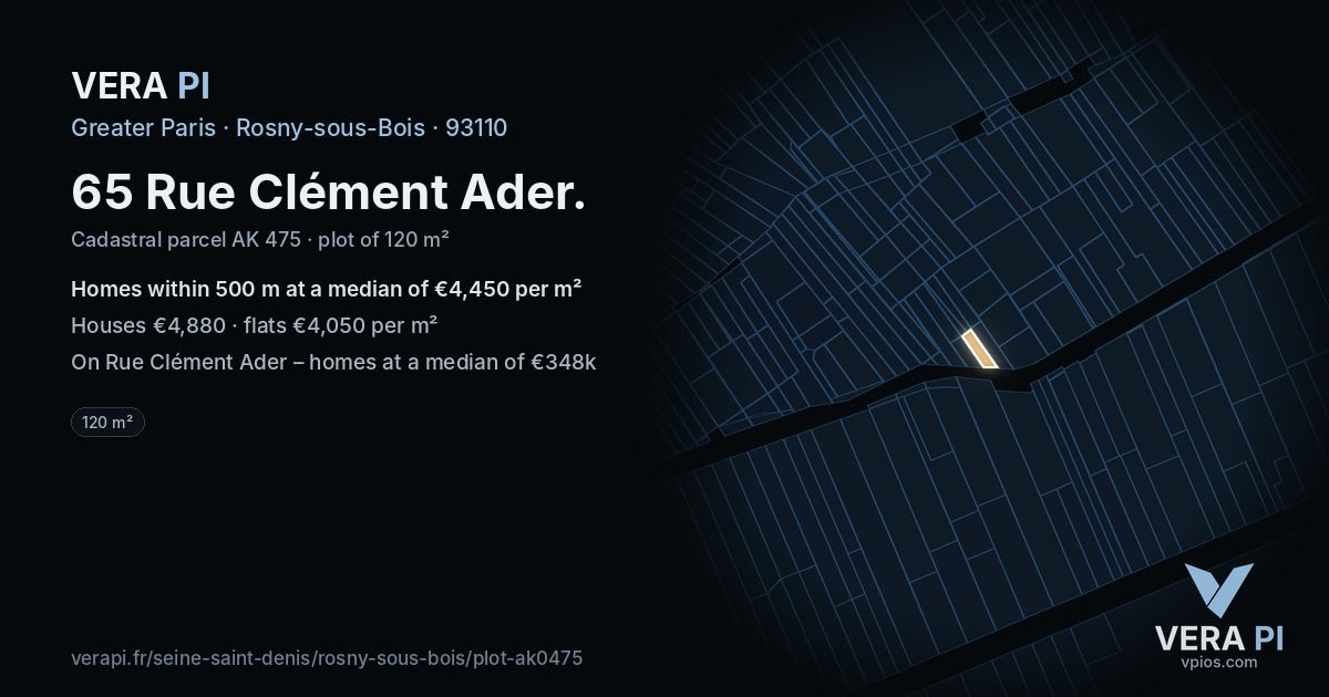 65 Rue Clément Ader, Rosny-sous-Bois at night – the plot lit, the parcels around coloured by the prices near them