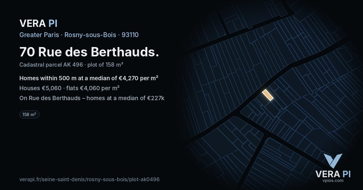 70 Rue des Berthauds, Rosny-sous-Bois at night – the plot lit, the parcels around coloured by the prices near them