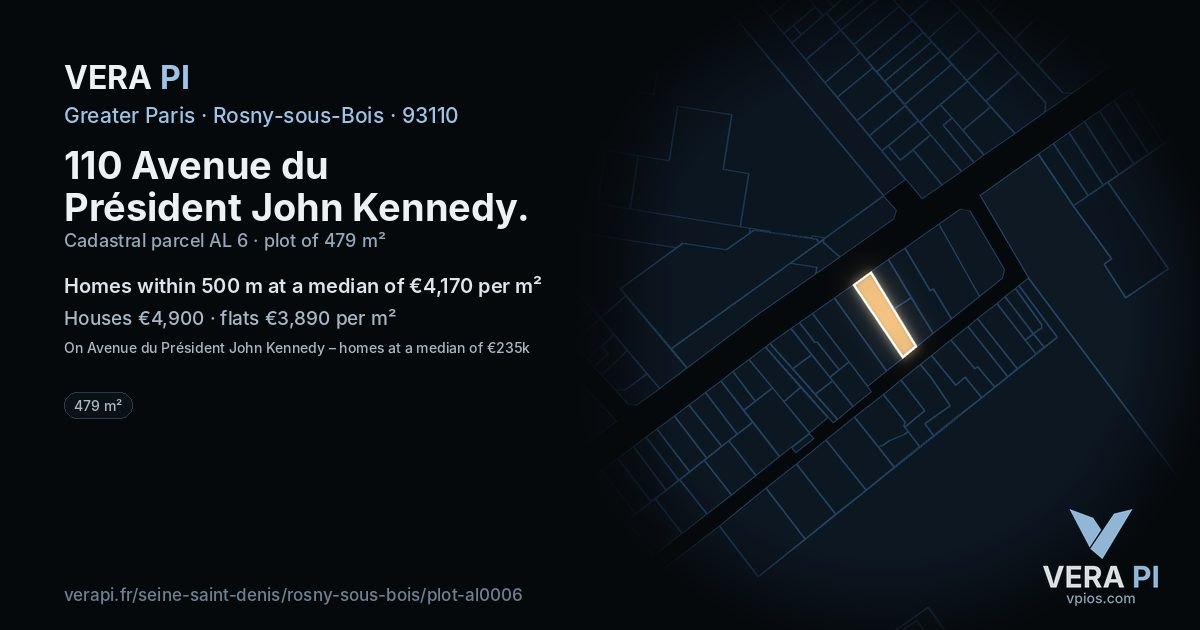 110 Avenue du Président John Kennedy, Rosny-sous-Bois at night – the plot lit, the parcels around coloured by the prices near them