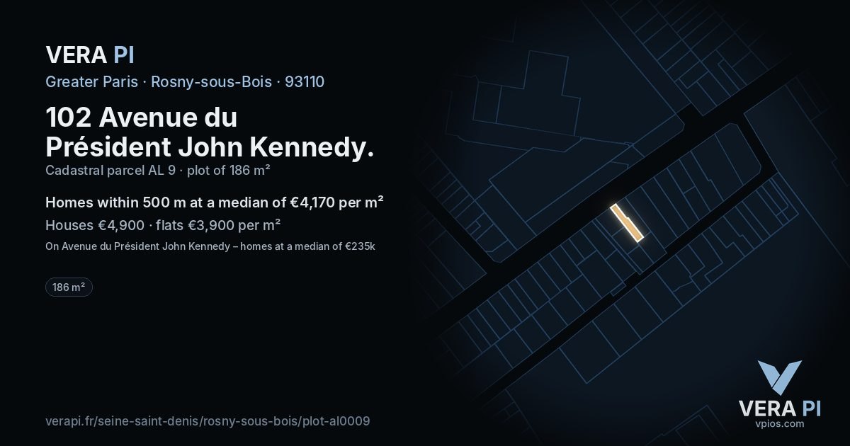 102 Avenue du Président John Kennedy, Rosny-sous-Bois at night – the plot lit, the parcels around coloured by the prices near them