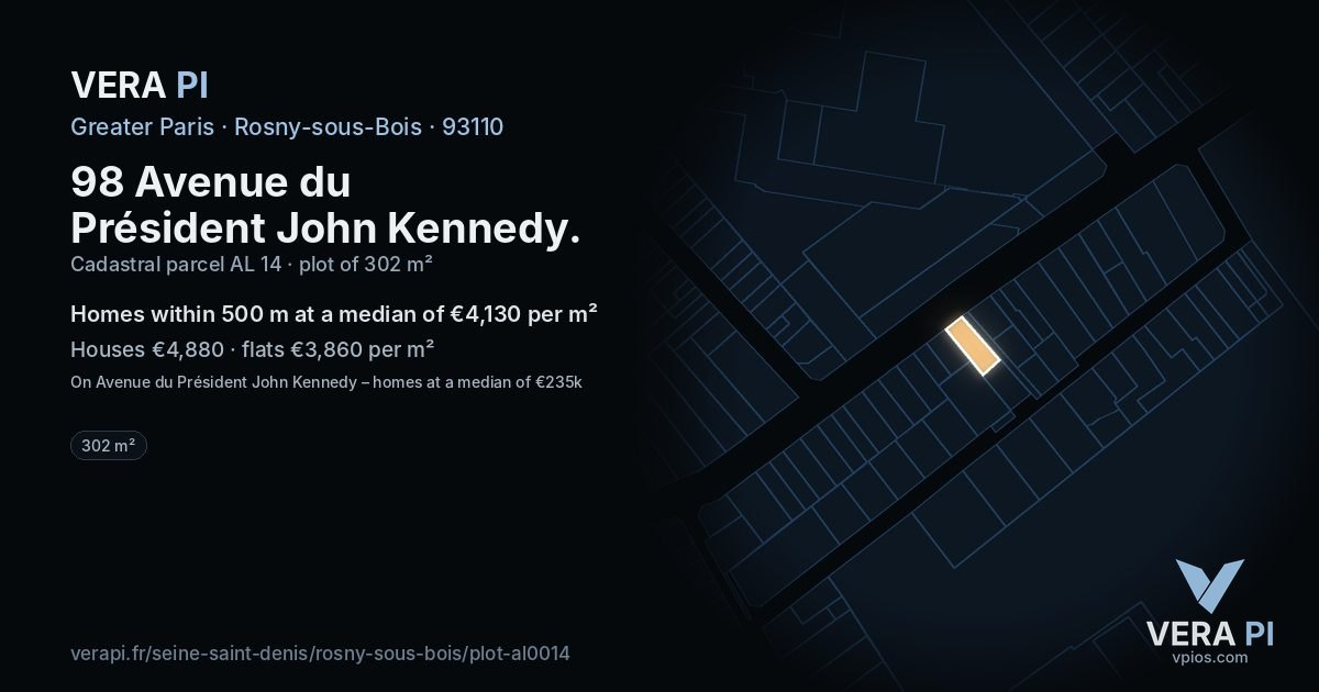 98 Avenue du Président John Kennedy, Rosny-sous-Bois at night – the plot lit, the parcels around coloured by the prices near them