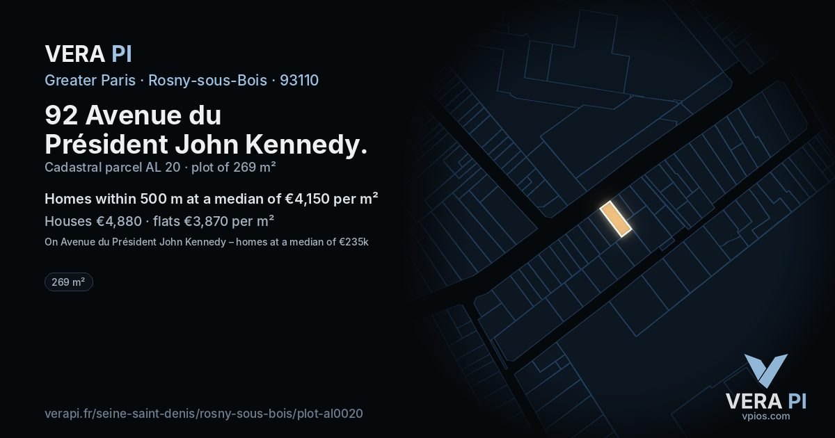 92 Avenue du Président John Kennedy, Rosny-sous-Bois at night – the plot lit, the parcels around coloured by the prices near them