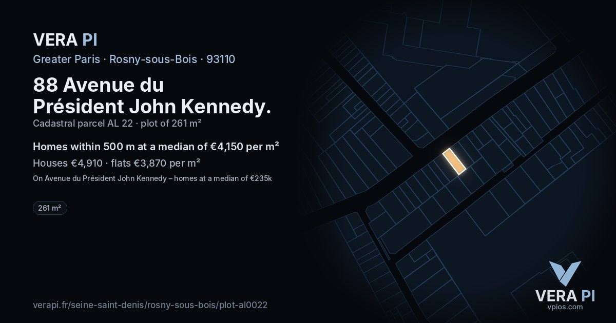 88 Avenue du Président John Kennedy, Rosny-sous-Bois at night – the plot lit, the parcels around coloured by the prices near them