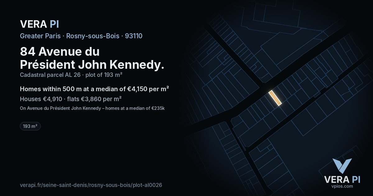 84 Avenue du Président John Kennedy, Rosny-sous-Bois at night – the plot lit, the parcels around coloured by the prices near them