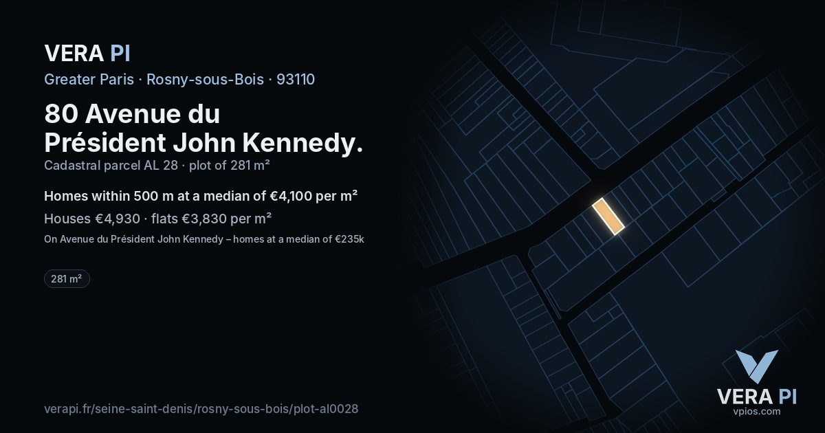80 Avenue du Président John Kennedy, Rosny-sous-Bois at night – the plot lit, the parcels around coloured by the prices near them