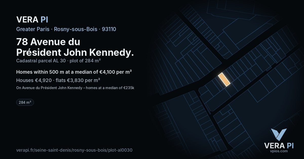 78 Avenue du Président John Kennedy, Rosny-sous-Bois at night – the plot lit, the parcels around coloured by the prices near them