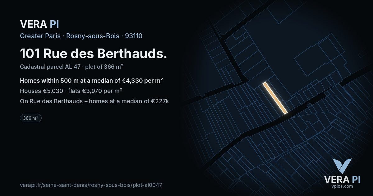 101 Rue des Berthauds, Rosny-sous-Bois at night – the plot lit, the parcels around coloured by the prices near them
