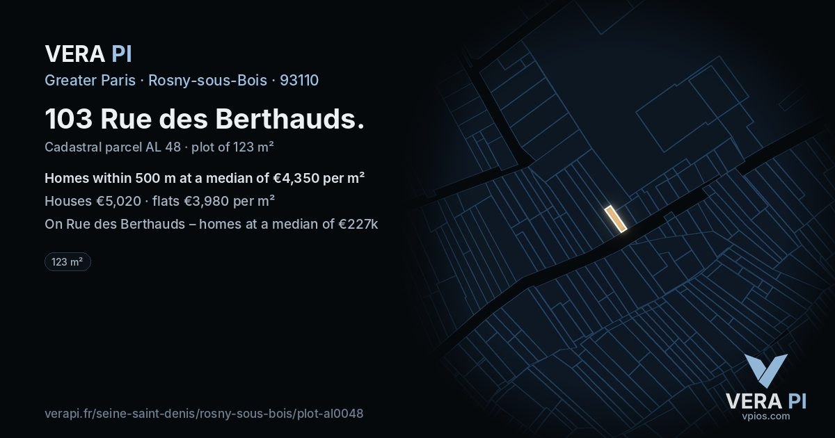 103 Rue des Berthauds, Rosny-sous-Bois at night – the plot lit, the parcels around coloured by the prices near them