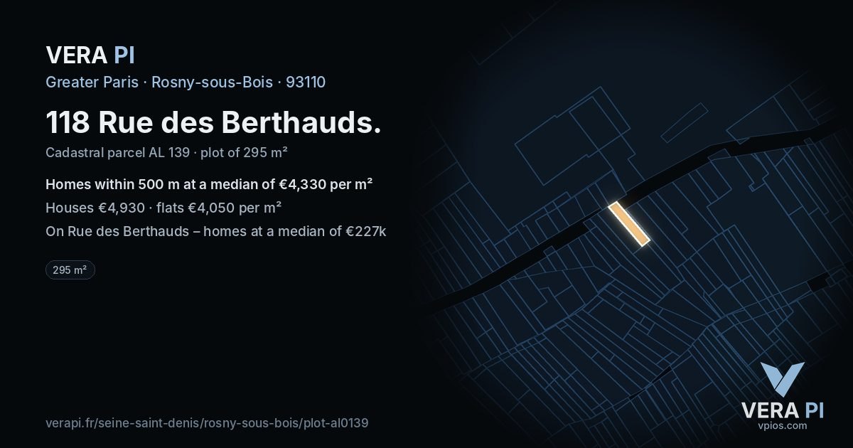 118 Rue des Berthauds, Rosny-sous-Bois at night – the plot lit, the parcels around coloured by the prices near them