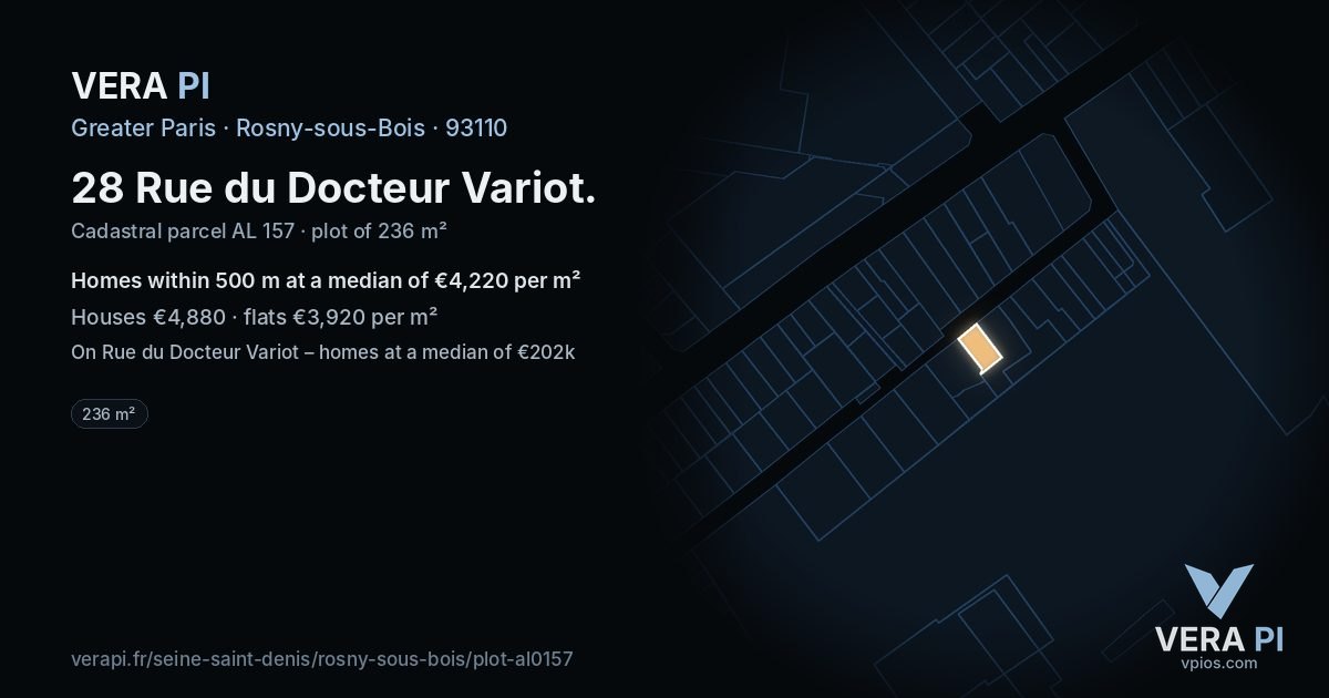 28 Rue du Docteur Variot, Rosny-sous-Bois at night – the plot lit, the parcels around coloured by the prices near them