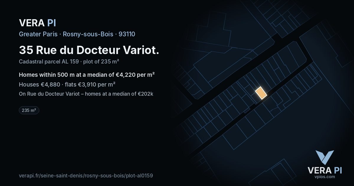 35 Rue du Docteur Variot, Rosny-sous-Bois at night – the plot lit, the parcels around coloured by the prices near them