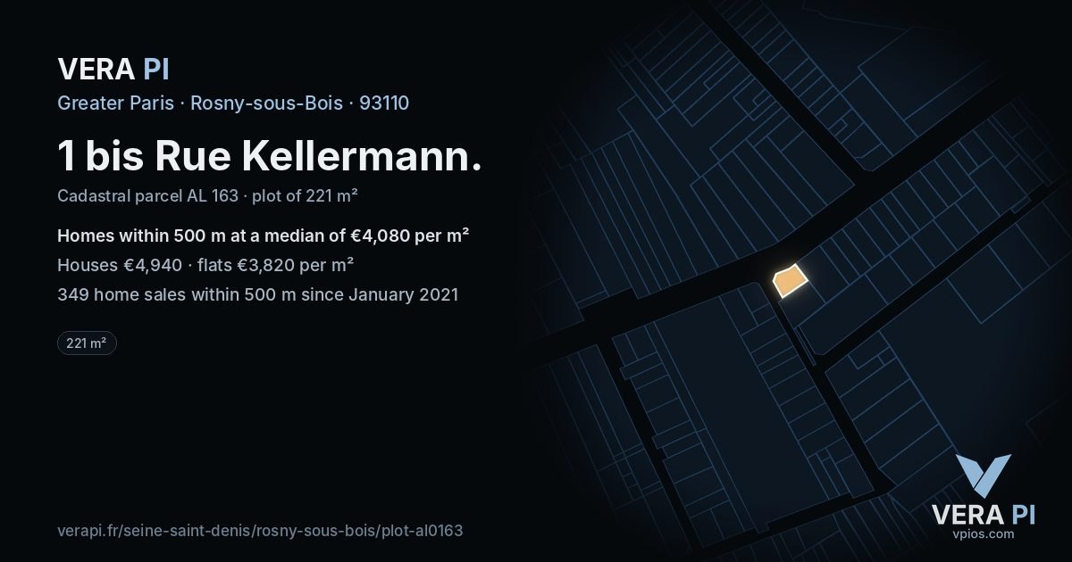 1 bis Rue Kellermann, Rosny-sous-Bois at night – the plot lit, the parcels around coloured by the prices near them