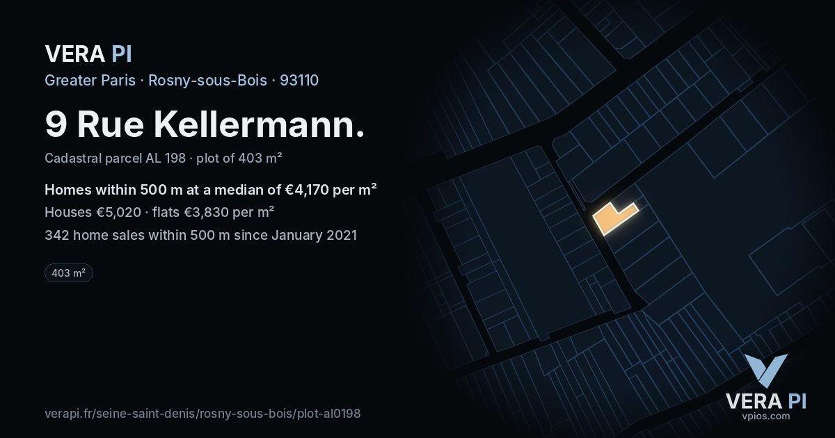 9 Rue Kellermann, Rosny-sous-Bois at night – the plot lit, the parcels around coloured by the prices near them