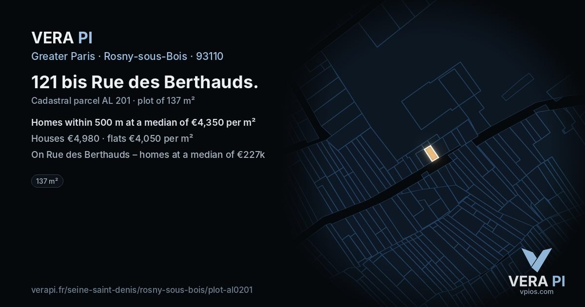 121 bis Rue des Berthauds, Rosny-sous-Bois at night – the plot lit, the parcels around coloured by the prices near them