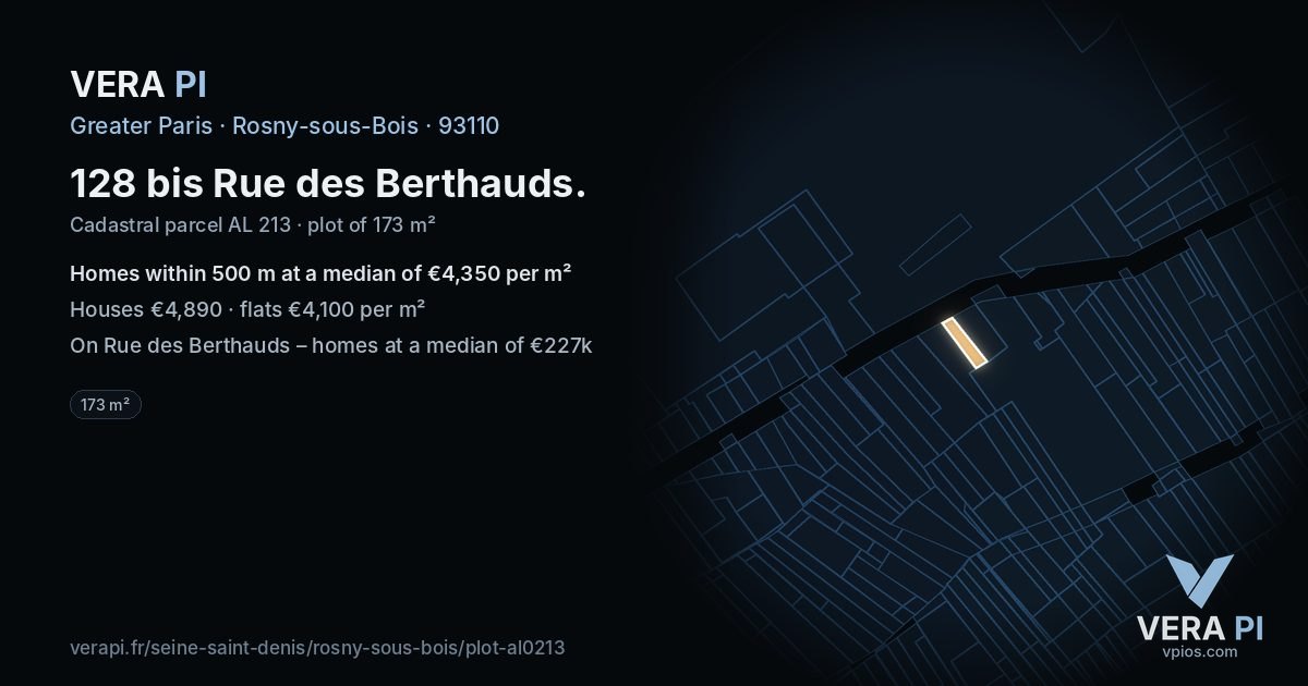 128 bis Rue des Berthauds, Rosny-sous-Bois at night – the plot lit, the parcels around coloured by the prices near them