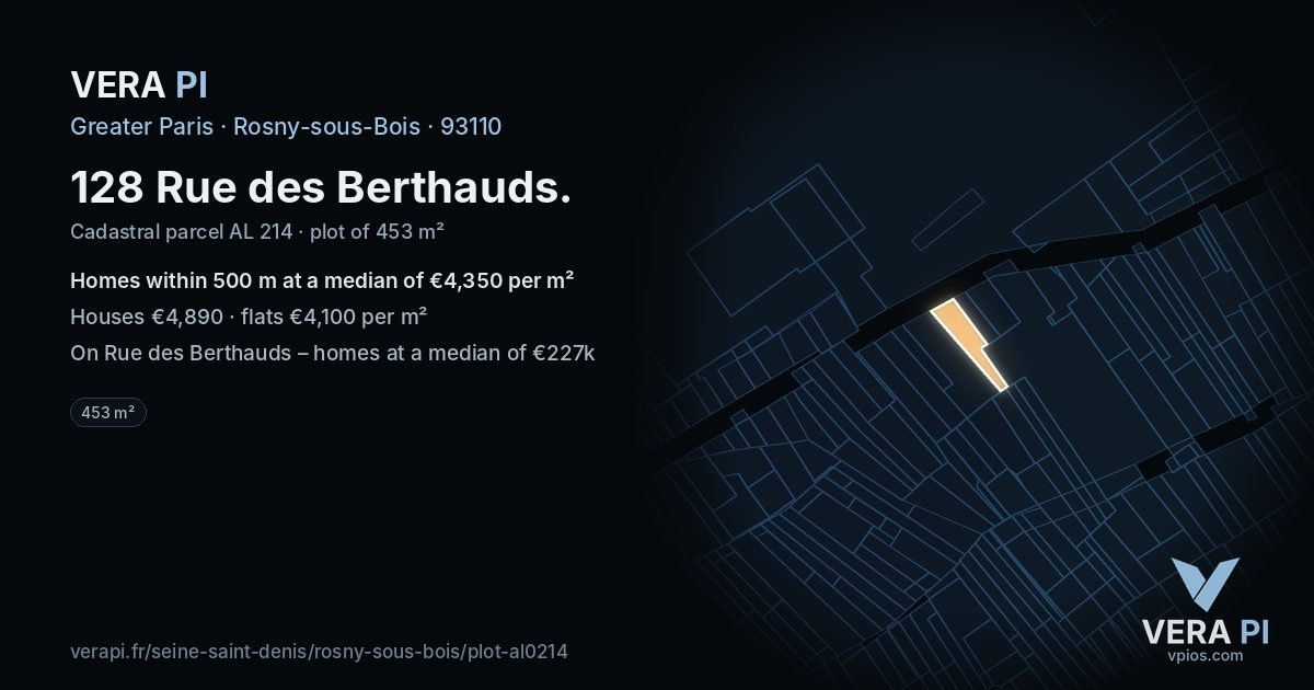 128 Rue des Berthauds, Rosny-sous-Bois at night – the plot lit, the parcels around coloured by the prices near them