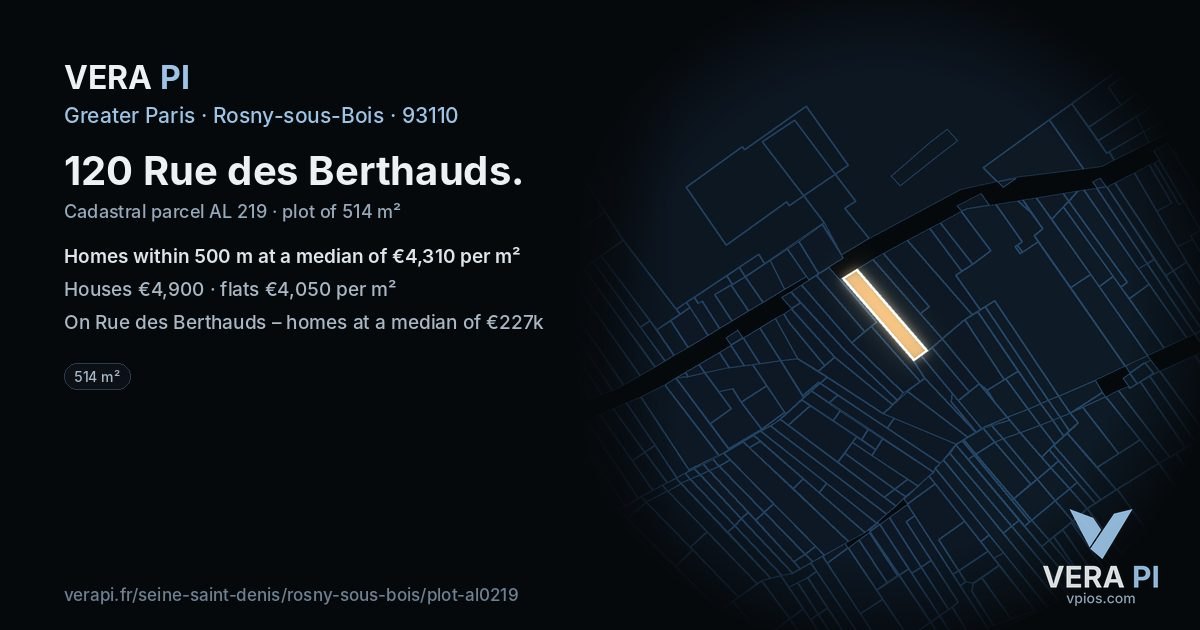 120 Rue des Berthauds, Rosny-sous-Bois at night – the plot lit, the parcels around coloured by the prices near them