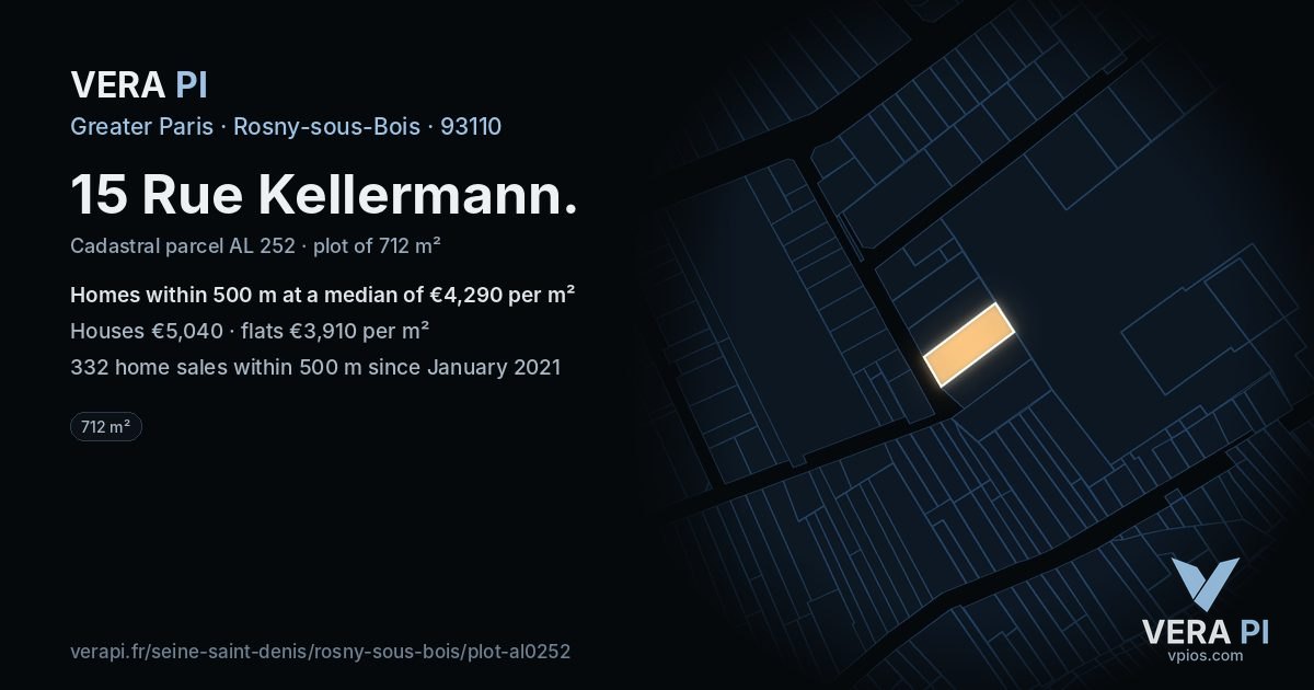 15 Rue Kellermann, Rosny-sous-Bois at night – the plot lit, the parcels around coloured by the prices near them