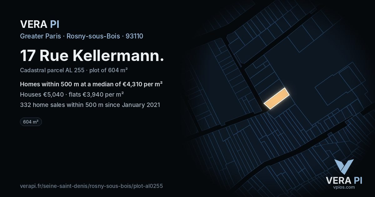 17 Rue Kellermann, Rosny-sous-Bois at night – the plot lit, the parcels around coloured by the prices near them