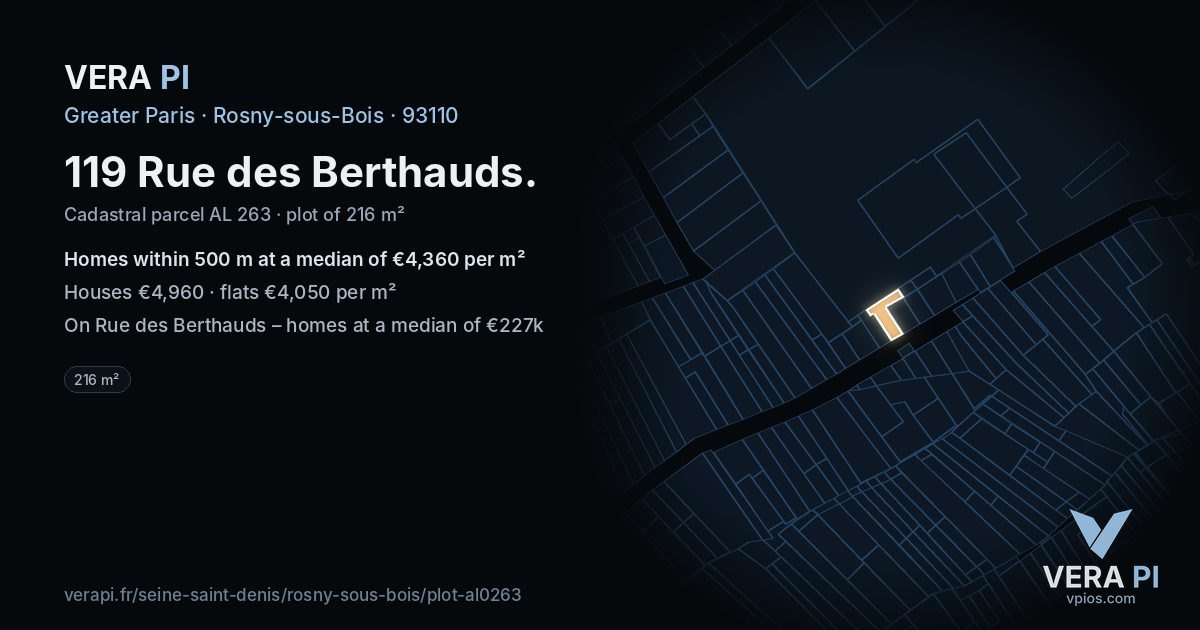 119 Rue des Berthauds, Rosny-sous-Bois at night – the plot lit, the parcels around coloured by the prices near them