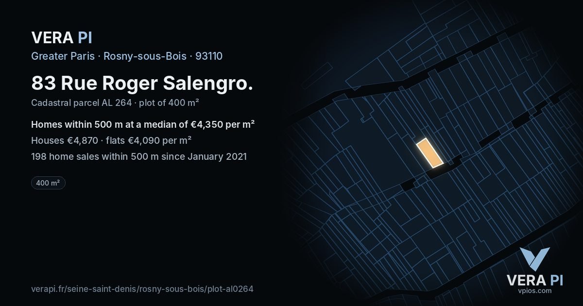 83 Rue Roger Salengro, Rosny-sous-Bois at night – the plot lit, the parcels around coloured by the prices near them
