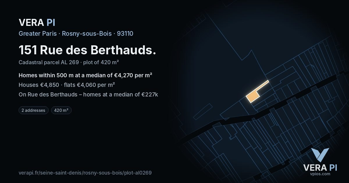 151 Rue des Berthauds, Rosny-sous-Bois at night – the plot lit, the parcels around coloured by the prices near them