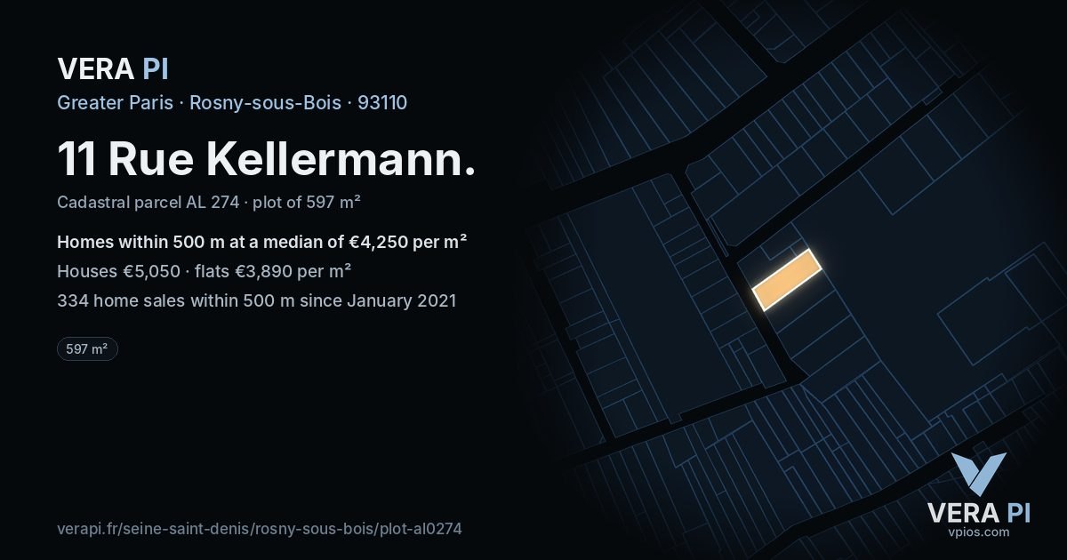 11 Rue Kellermann, Rosny-sous-Bois at night – the plot lit, the parcels around coloured by the prices near them