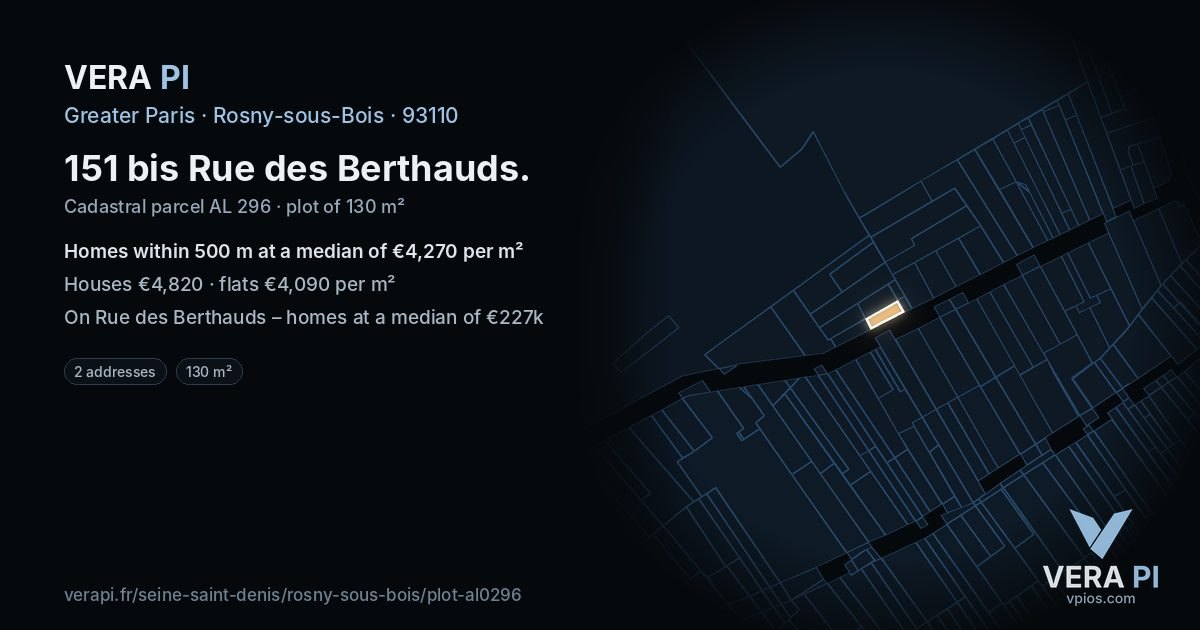 151 bis Rue des Berthauds, Rosny-sous-Bois at night – the plot lit, the parcels around coloured by the prices near them