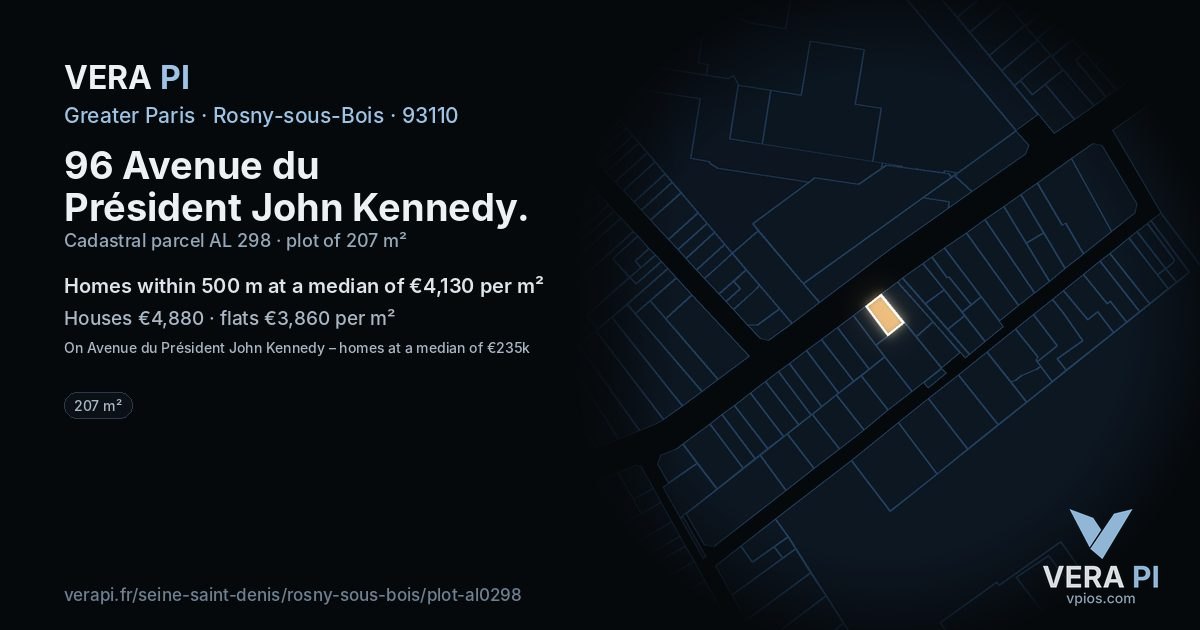 96 Avenue du Président John Kennedy, Rosny-sous-Bois at night – the plot lit, the parcels around coloured by the prices near them