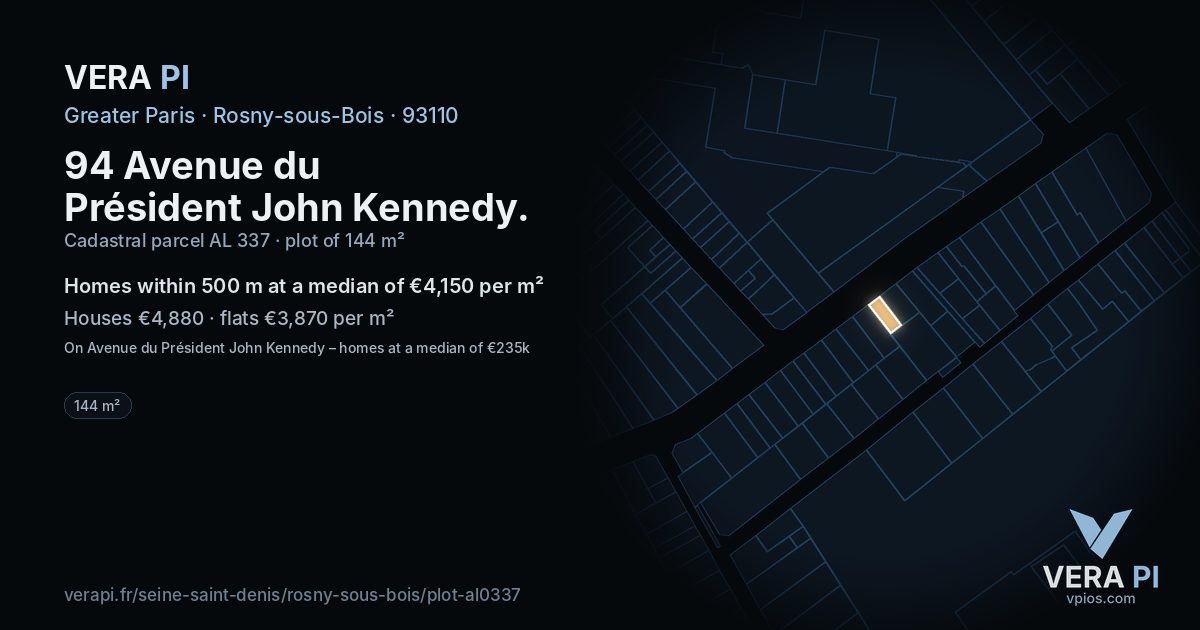 94 Avenue du Président John Kennedy, Rosny-sous-Bois at night – the plot lit, the parcels around coloured by the prices near them