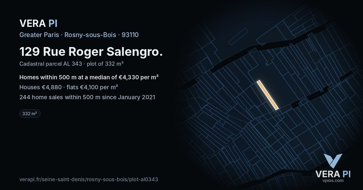129 Rue Roger Salengro, Rosny-sous-Bois at night – the plot lit, the parcels around coloured by the prices near them
