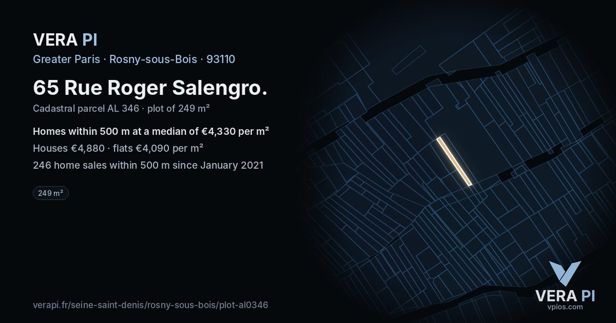 65 Rue Roger Salengro, Rosny-sous-Bois at night – the plot lit, the parcels around coloured by the prices near them