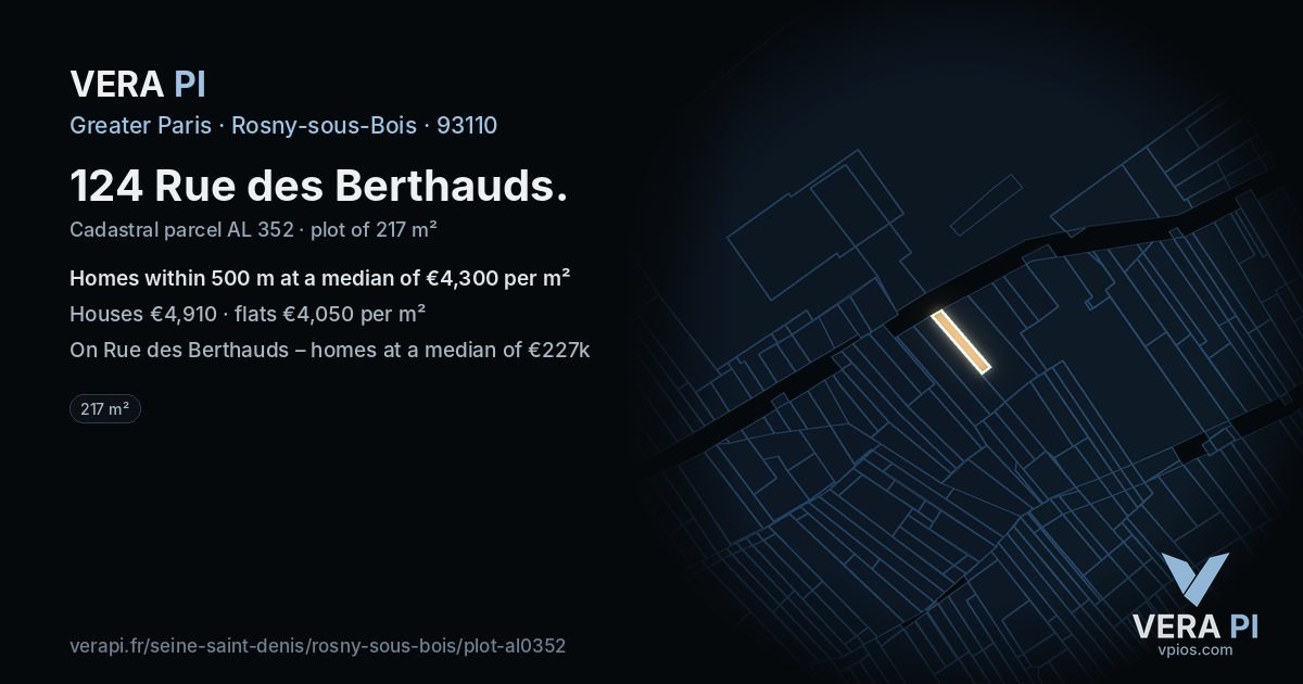124 Rue des Berthauds, Rosny-sous-Bois at night – the plot lit, the parcels around coloured by the prices near them