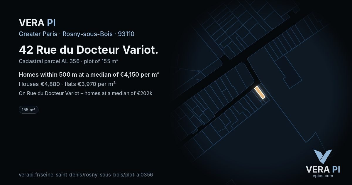 42 Rue du Docteur Variot, Rosny-sous-Bois at night – the plot lit, the parcels around coloured by the prices near them