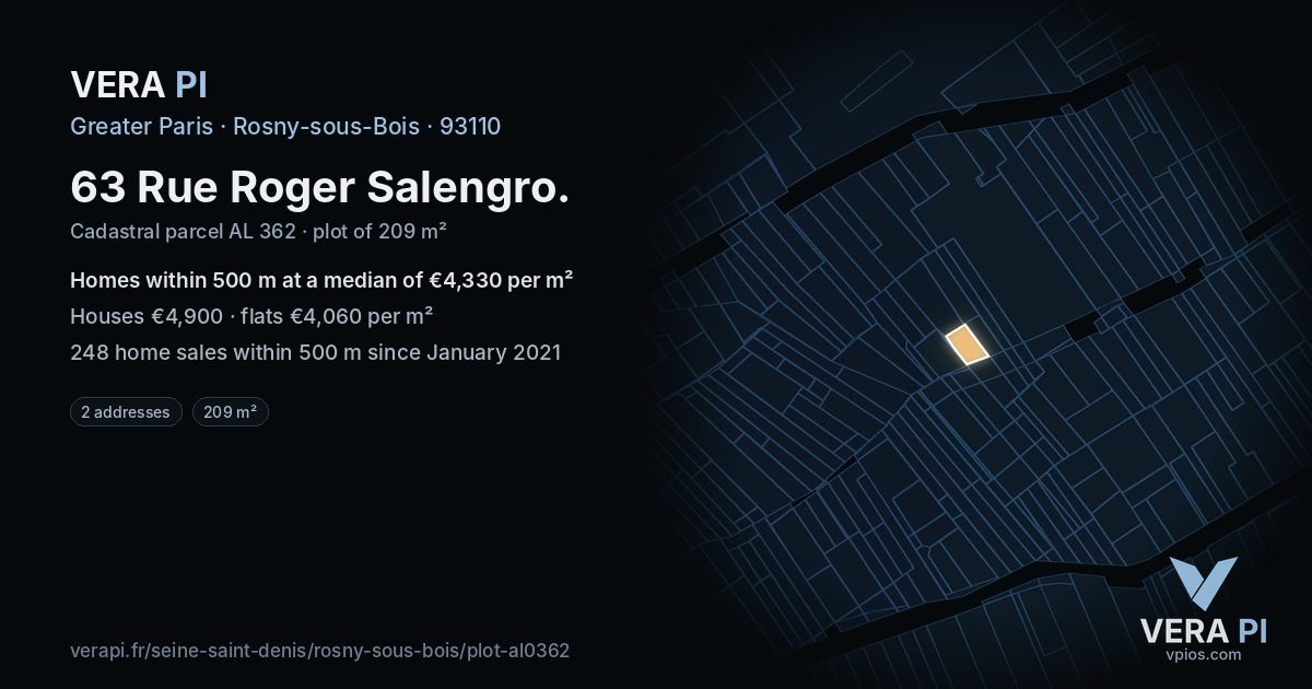 63 Rue Roger Salengro, Rosny-sous-Bois at night – the plot lit, the parcels around coloured by the prices near them