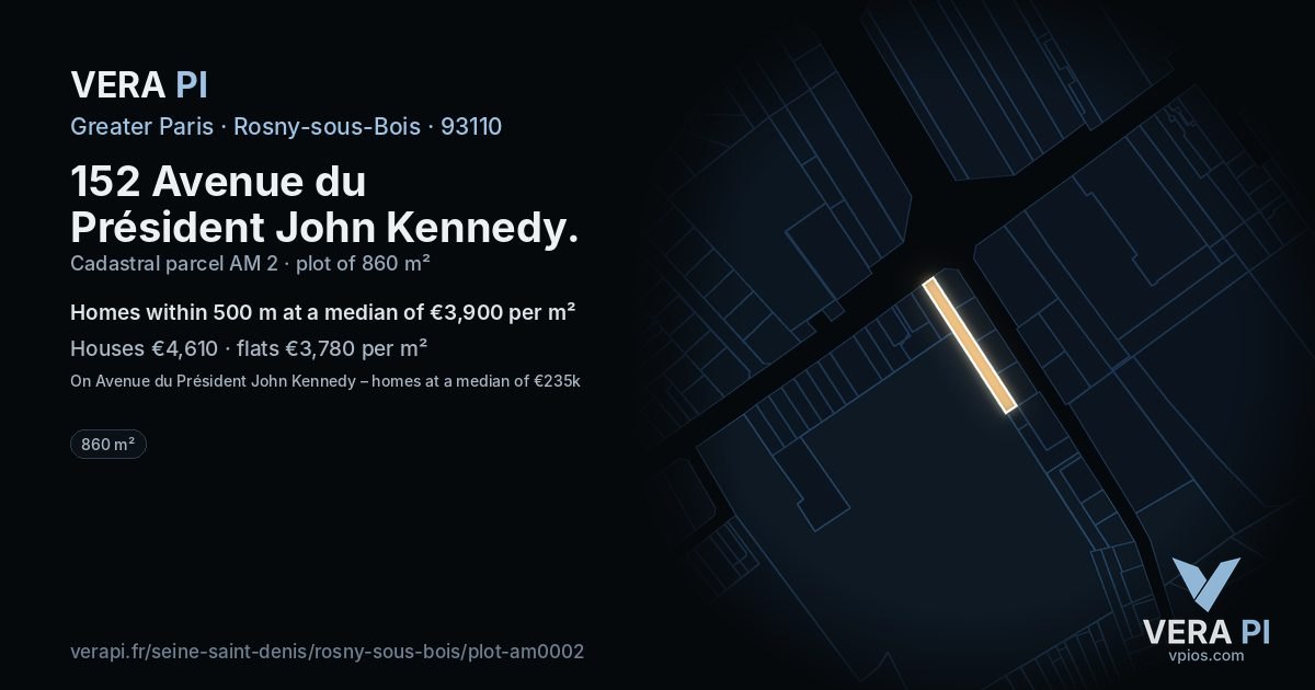 152 Avenue du Président John Kennedy, Rosny-sous-Bois at night – the plot lit, the parcels around coloured by the prices near them