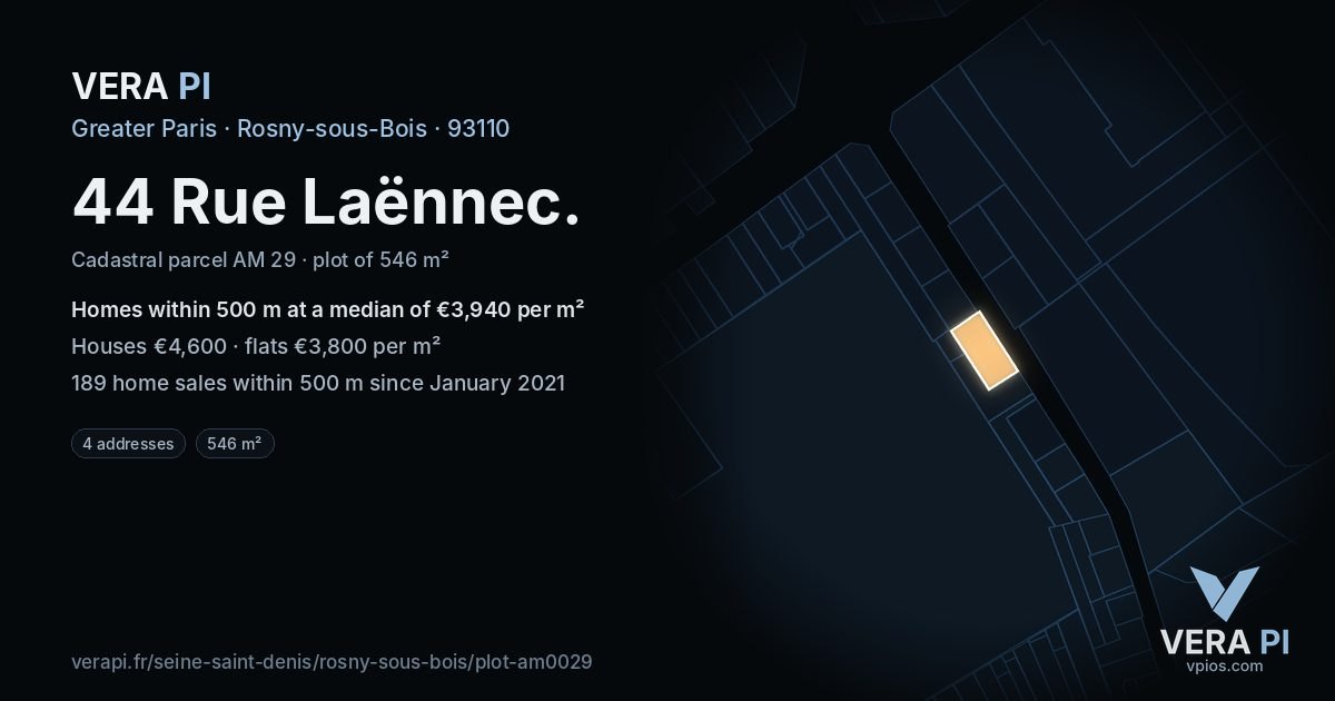 44 Rue Laënnec, Rosny-sous-Bois at night – the plot lit, the parcels around coloured by the prices near them